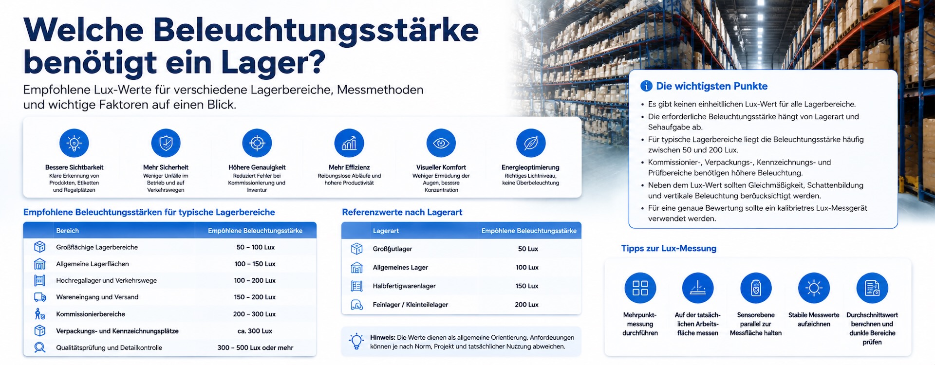 Welche Beleuchtungsstärke benötigt ein Lager?