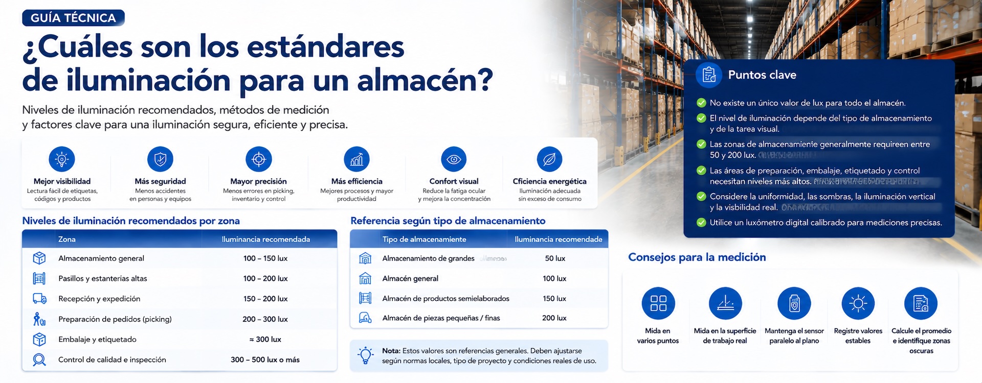 ¿Cuáles son los estándares de iluminación para un almacén?